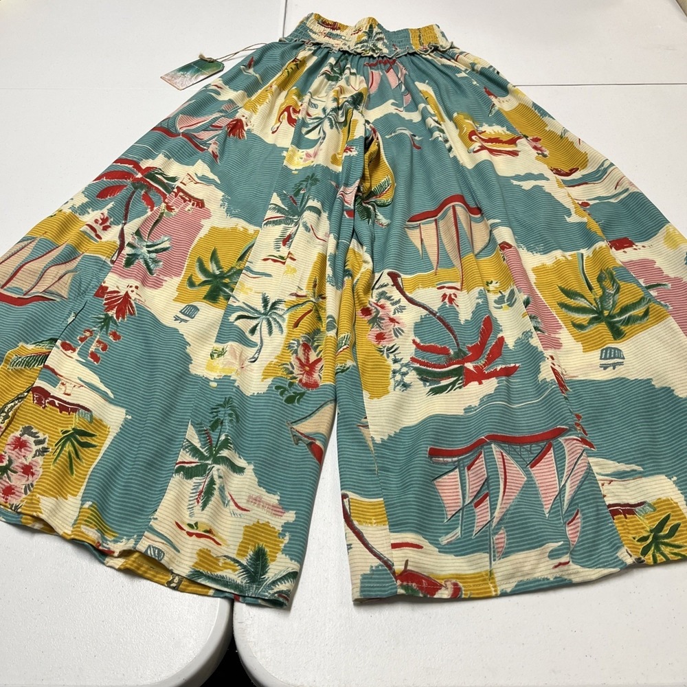 True Destination Pants Tropical Island Print Smocked Waist Wide Leg Size S Beach - Picture 3 of 16